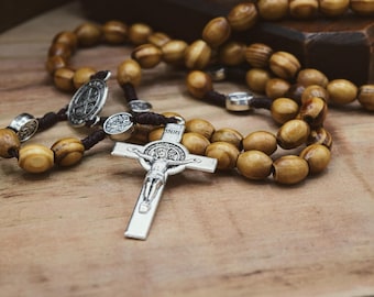 Olive Wood St. Benedict Rosary Beads, Hand made Wooden Catholic Rosary Necklace - Monastic Collection Rosaries