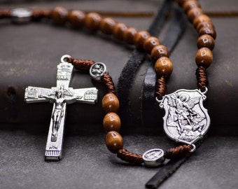 St. Michael Rosary Beads, Strong and Lightweight, Handmade Wooden Catholic Rosary Necklace, Catholic Gift Rosaries