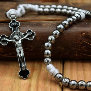 Rugged Silver Paracord Rosary - Extremely Strong Catholic Rosary, St. Benedict Crucifix, The Good Thief