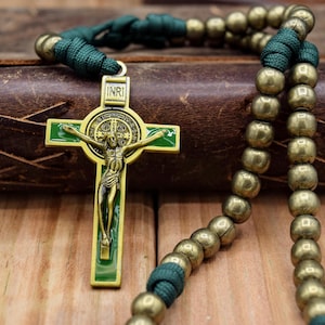 St. Benedict Paracord Rosary, Green and Bronze, Rugged Rosary for Men