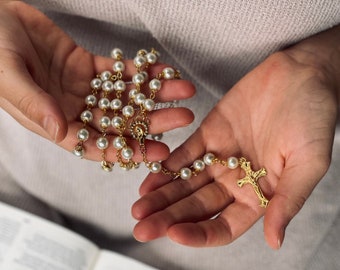 Catholic Rosary Necklace - Cream White Pearl Beads With Gold Plated Crucifix, 26 Inch
