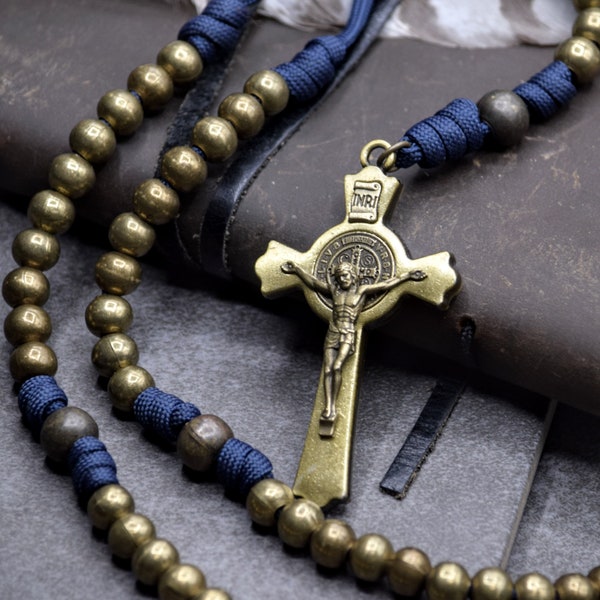 St. Benedict Paracord Rosary (Bronze Beads) | Rugged Handmade Rosaries | Navy Blue Paracord