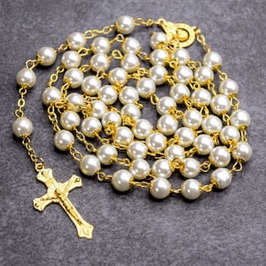 Holy Mary Rosary Necklace (Gold Chain) Blessed Mother Medals, Pearl Glass Beads, Catholic Rosaries for Women