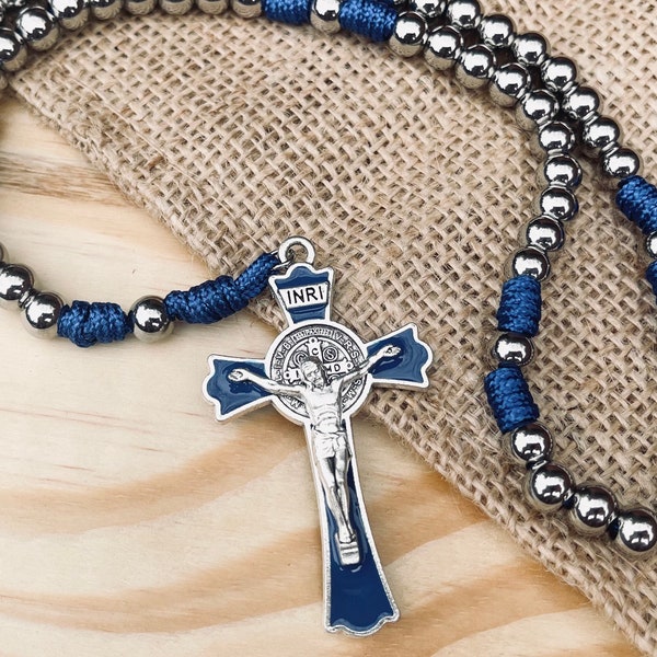 The Good Thief® - Rugged St. Benedict Paracord Rosary, 8mm Stainless Steel Beads, Royal Blue Crucifix and Microcord