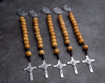 The Traveler Rosary (5 Count), Pocket Rosary with St. Benedict medals and Olive Wood Beads, One Decade Auto Rosaries, The Good Thief®