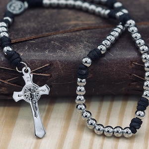 St. Benedict Paracord Rosary | Black Corded Rosary with Stainless Steel Beads