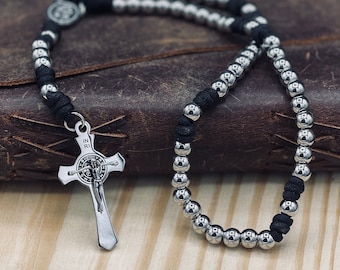 St. Benedict Paracord Rosary | Black Corded Rosary with Stainless Steel Beads