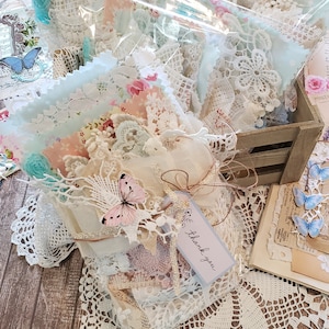 VTG Lace Pieces MixedMedia Grab Bag Textura Tecido Neutro Creme Branco Bege Doily Trim Junk Journal Enfeites Scrapbook Costura lenta