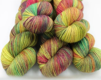 Moody Rainbow,  Sock Skein 75% SuperWash Merino and 25 Nylon Hand Dyed Yarn 100g