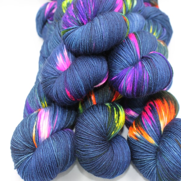 Neon City,  Sock Skein 75% SuperWash Merino and 25 Nylon Hand Dyed Yarn 100g