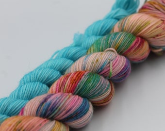 Woodstock Sock set.  Sock skeins 75% SuperWash Merino and 25 Nylon  Hand Dyed Yarn 50g & 20g