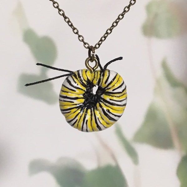 CURLED MONARCH CATERPILLAR - sculpted clay, hand painted monarch caterpillar necklace with added detailing