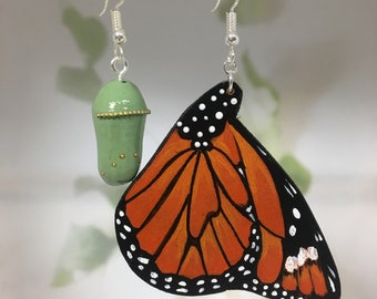 BUTTERFLY CHRYSALIS EARRINGS - handmade Monarch butterfly and fresh chrysalis earrings with painted detail