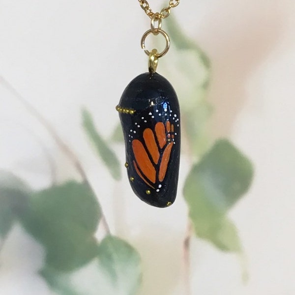 EMERGING MONARCH CHRYSALIS - Updated design! - Handmade monarch butterfly chrysalis pendant with painted detail, a great gift idea!