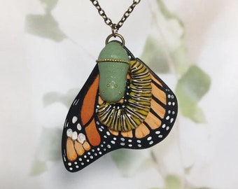 METAMORPHOSING MONARCH BUTTERFLY - beautiful life cycle pendant