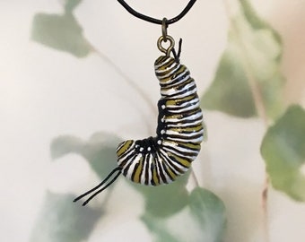 MONARCH CATERPILLAR NECKLACE - sculpted clay, hand painted monarch caterpillar necklace with added detailing