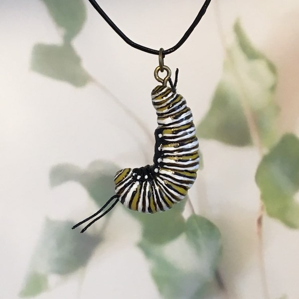 MONARCH CATERPILLAR NECKLACE - sculpted clay, hand painted monarch caterpillar necklace with added detailing
