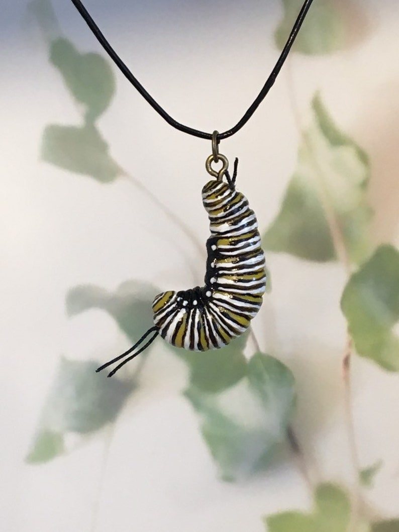 MONARCH CATERPILLAR NECKLACE hand painted monarch caterpillar necklace with added detailing sculpted clay