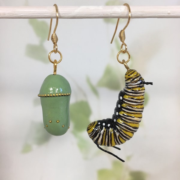 MONARCH CATERPILLAR  CHRYSALIS earrings - handmade Monarch freh chrysalis and caterpillar earrings with painted detail