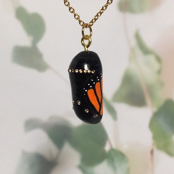 EMERGING MONARCH CHRYSALIS - handmade monarch butterfly chrysalis pendant with Preciosa crystal detail, a great gift idea!