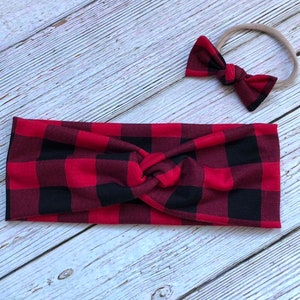 Red Buffalo Plaid Twisted Headband / Adult Headband / Buffalo Plaid Headband / Mommy and Me Set / Buffalo Plaid Knot Bow on Nylon or Clip