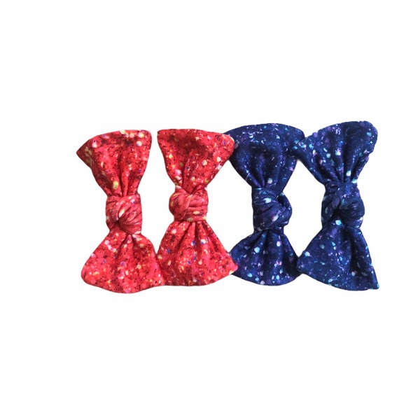 Patriotic Knot Bows / Blue Faux GlItter Pigtail Bows / Red Piggie Bows / 4th of July Bows