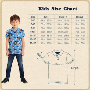 May include: A young boy wearing a blue polo shirt with a baseball-themed pattern, paired with dark blue jeans and black shoes. A size chart for kids' shirts is displayed in the background, with measurements in inches and centimeters.