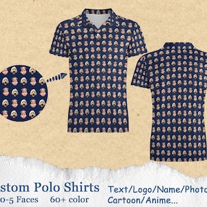 May include: Custom polo shirts with a repeating pattern of cartoon faces. The shirts are available in a variety of colors and can be personalized with text, logos, names, photos, cartoons, or anime.