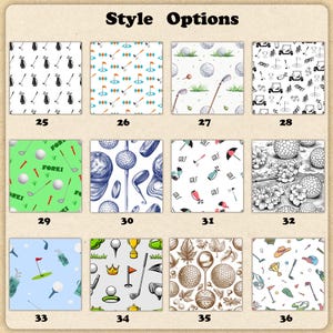 May include: A collection of golf-themed patterns. The image displays various designs featuring golf balls, clubs, flags, and golf carts. Some patterns are in black and white, while others incorporate colors like green, blue, and gold. The text "Style Options" is at the top.