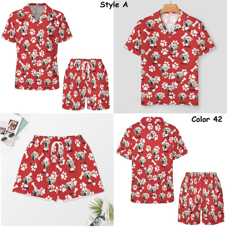 Pu&ograve; includere: Set di camicia e pantaloncini a fantasia rosso e bianco con stampa di muso di cane e osso. Il testo "Style A" e "Color 42" &egrave; visibile nell'immagine.