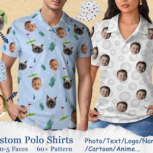 May include: Two custom polo shirts with different patterns. One shirt is light blue with a golf theme and features cartoon faces of cats and people. The other shirt is white with a golf ball pattern and features cartoon faces of people. Both shirts have the text "Custom Polo Shirts" and "0-5 Faces 60+ Pattern" at the bottom.
