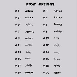 Pu&ograve; includere: Venti diverse opzioni di font per il nome Ashley, numerate da 1 a 20. Ogni stile di font &egrave; visualizzato in testo nero su uno sfondo grigio chiaro.