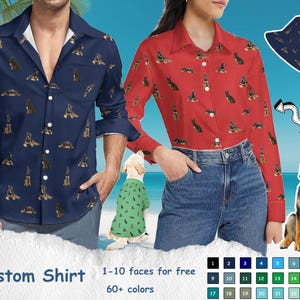 May include: Custom shirt with a blue background and a pattern of German Shepherd dogs. The shirt has a button-down collar and long sleeves. The text "Custom Shirt" and "1-10 faces for free" is visible at the bottom of the image. A colour palette of 24 colours is shown below the text.