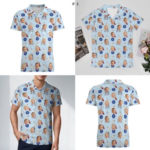 May include: Four blue short-sleeved shirts with a pattern of bowling pins, bowling balls, and a baby's face. The shirts are shown on a white background. #1 is written in the top right corner of the image.