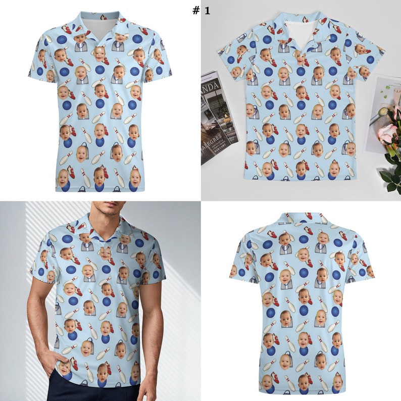 May include: Four blue short-sleeved shirts with a pattern of bowling pins, bowling balls, and a baby's face. The shirts are shown on a white background. #1 is written in the top right corner of the image.