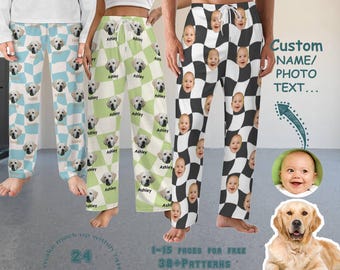 May include: Three pairs of pyjama trousers with different patterns. The first pair is blue and white with a dog pattern. The second pair is green and white with a dog pattern. The third pair is black and white with a chequered pattern. The text "Custom NAME/PHOTO TEXT..." is visible in the image.