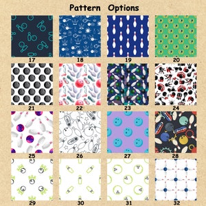 May include: A grid of 12 different bowling-themed patterns. Each pattern features a combination of bowling balls, pins, and other bowling-related imagery. The patterns are in various colors, including blue, green, red, black, white, and purple.