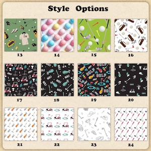 May include: A grid of golf-themed patterns. Designs include golf balls, clubs, golf carts, and course elements. Colors vary, with green, white, black, and red backgrounds. Text includes "GOLF" and "FORE!"