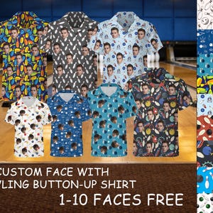 Puede incluir: Una colección de camisas abotonadas de manga corta con diseños de bolos. Cada camisa presenta un patrón repetido de bolos, bolas y una cara personalizada. Las camisas están disponibles en varios colores, incluyendo azul, blanco y negro.