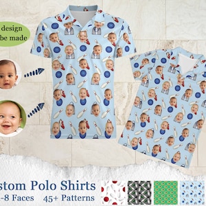 May include: Custom polo shirts featuring a bowling ball and bowling pin pattern. The shirts are light blue with a white collar. The pattern includes a variety of faces. The text "Any design can be made" and "Custom Polo Shirts 1-8 Faces 45+ Patterns" is visible.