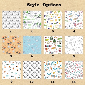 May include: Twelve different golf-themed patterns, each with a unique design. The patterns include golf balls, golf clubs, golf carts, and other golf-related imagery. The patterns are arranged in a grid of four rows and three columns.