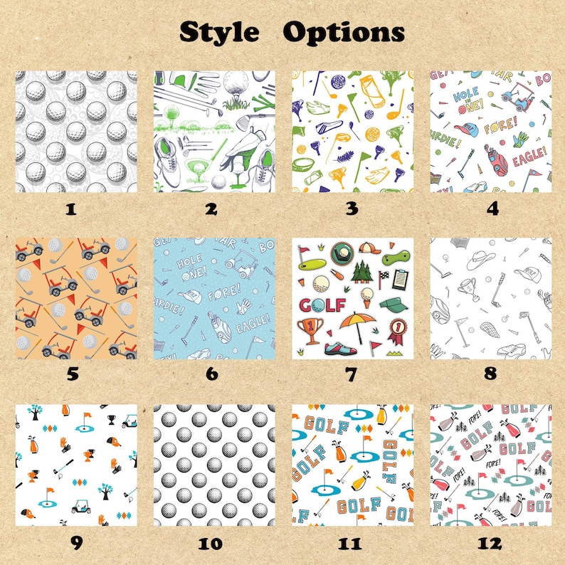 May include: Twelve different golf-themed patterns, each with a unique design. The patterns include golf balls, golf clubs, golf carts, and other golf-related imagery. The patterns are arranged in a grid of four rows and three columns.
