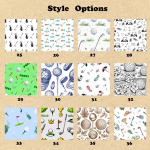 May include: A grid of 12 different golf-themed patterns. Each pattern features a different design, including golf balls, golf clubs, golf carts, and other golf-related imagery. The patterns are arranged in a grid of four rows and three columns. The patterns are all in black and white, except for the pattern in the top right corner, which is in color.