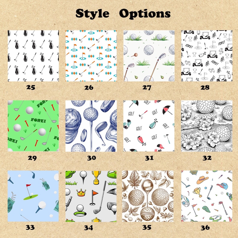 May include: A grid of 12 different golf-themed patterns. Each pattern features a different design, including golf balls, golf clubs, golf carts, and other golf-related imagery. The patterns are arranged in a grid of four rows and three columns. The patterns are all in black and white, except for the pattern in the top right corner, which is in color.