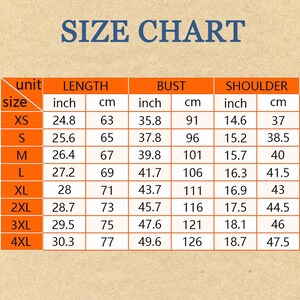 May include: Size chart for clothing with measurements in inches and centimeters. The chart shows sizes XS through 4XL with measurements for length, bust, and shoulder.