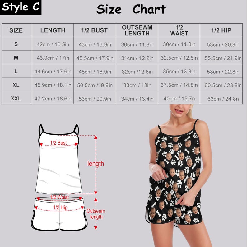 Pu&ograve; includere: Tabella delle taglie per pigiami con misure in pollici e centimetri. La tabella mostra la taglia, la lunghezza, 1/2 busto, la lunghezza del cavallo, 1/2 vita e 1/2 fianchi per le taglie S, M, L, XL e XXL.