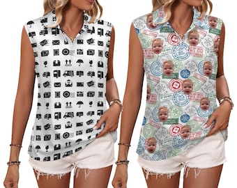 Custom Face Polo Shirt for lady，Face on shirt gifts for wife，Personalized  Shirt，Custom Polo for Postal Worker,  Women Sleeveless Polo shirt