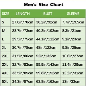 May include: A size chart for men's clothing with measurements in inches and centimeters. The chart shows the size, length, bust, and sleeve measurements for sizes S through 5XL.