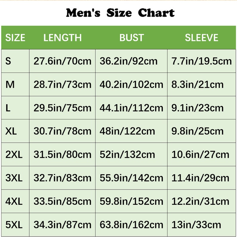 May include: A size chart for men's clothing with measurements in inches and centimeters. The chart shows the size, length, bust, and sleeve measurements for sizes S through 5XL.