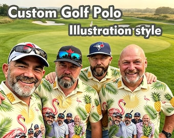 Puede incluir: Un polo de color amarillo claro con un patrón repetitivo de flamencos rosas, hojas de palmera verdes y piñas amarillas. La prenda incluye un estampado gráfico de cuatro personas con camisas y gorras similares en un campo de golf.